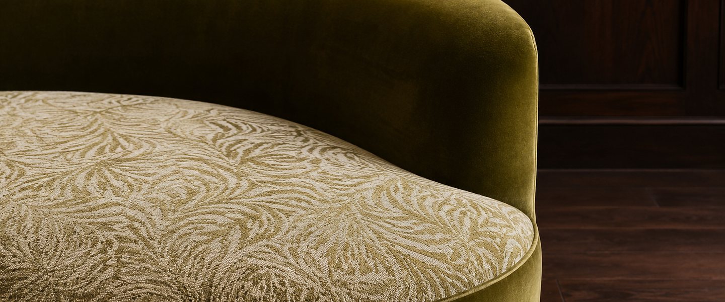 Detail eines Sofas aus Olivsamt mit Damastkissen