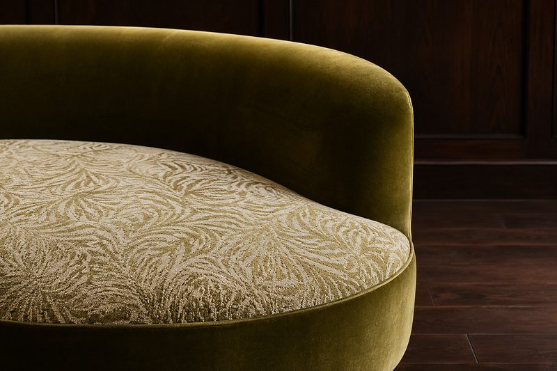 Detail eines geschwungenen Sofas aus Olivsamt mit Damastkissen