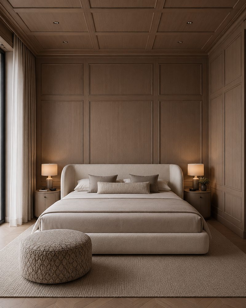 Schlafzimmer mit sandfarbener Wandvertäfelung, niedrigem Bett und Pouf